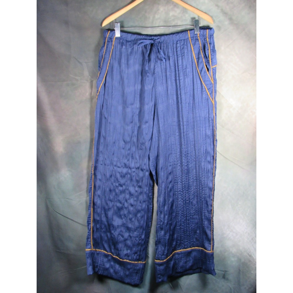 Free People Navy Blue Crinkle Wide Leg Pants Gold Piping XL